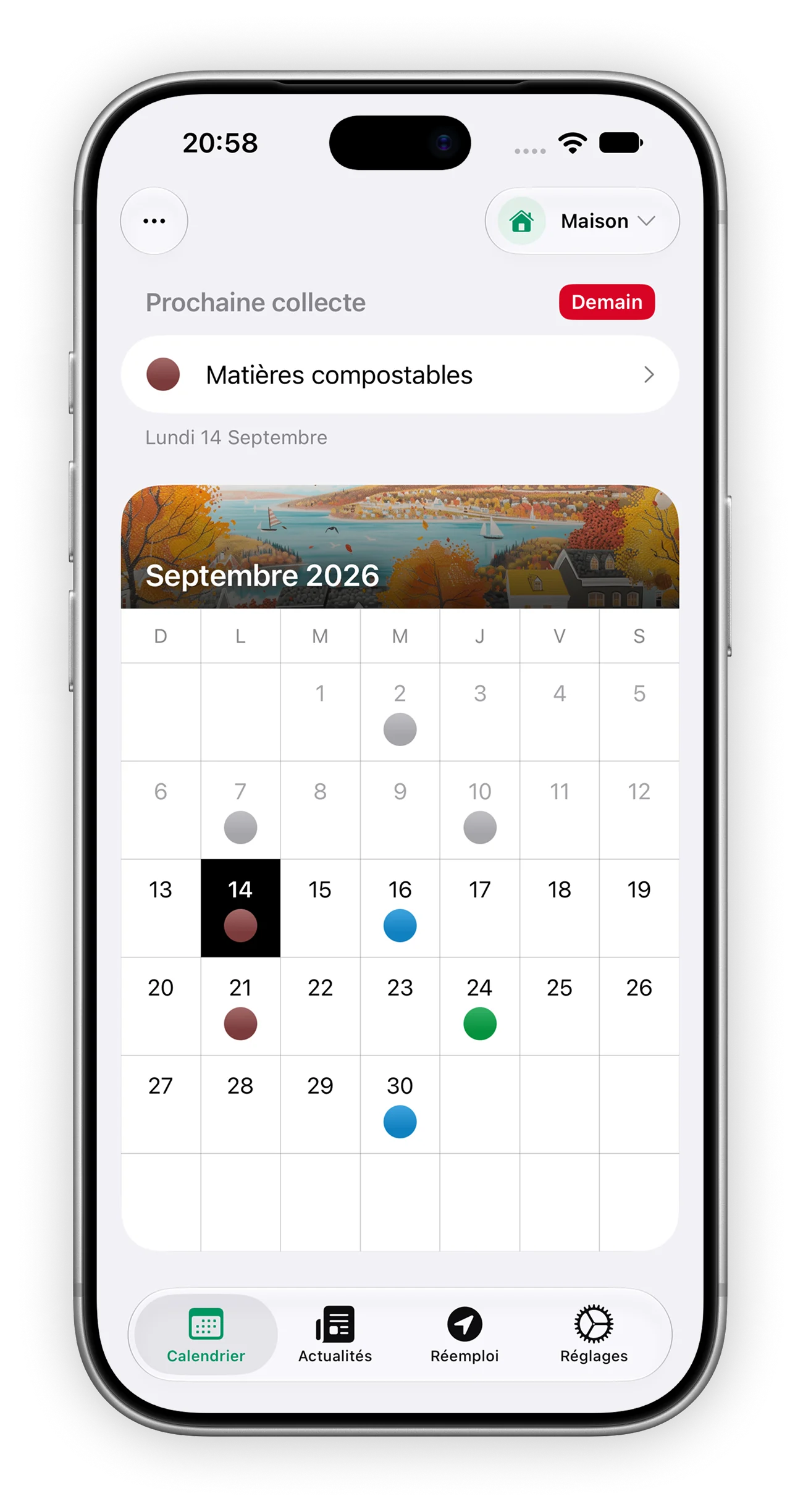 Calendrier de collecte dans l'application, avec la prochaine collecte prévue demain