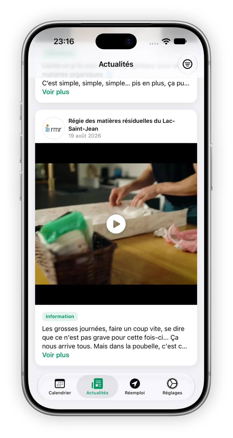 Fil d'actualités de l'application : vidéo de la Régie des matières résiduelles du Lac-Saint-Jean